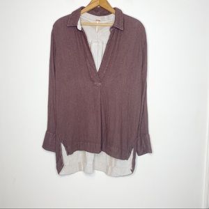 Free People Size Large Flannel Tunic V-Neck Striped Lined Soft